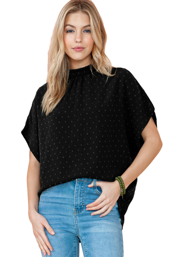 Black Swiss Dot High Neck Batwing Sleeve Blouse