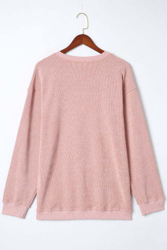 Pink Solid Ribbed Round Neck Pullover Sweatshirt |Available in 6 Colors