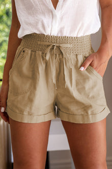  Khaki Casual Shirred High Waist Drawstring Shorts