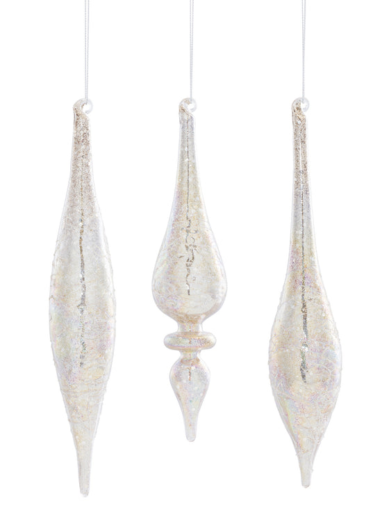 Set of 6 White Glass Drop Ornaments