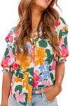 Multicolor Floral Print Ruffle Trim Puff Sleeve Blouse