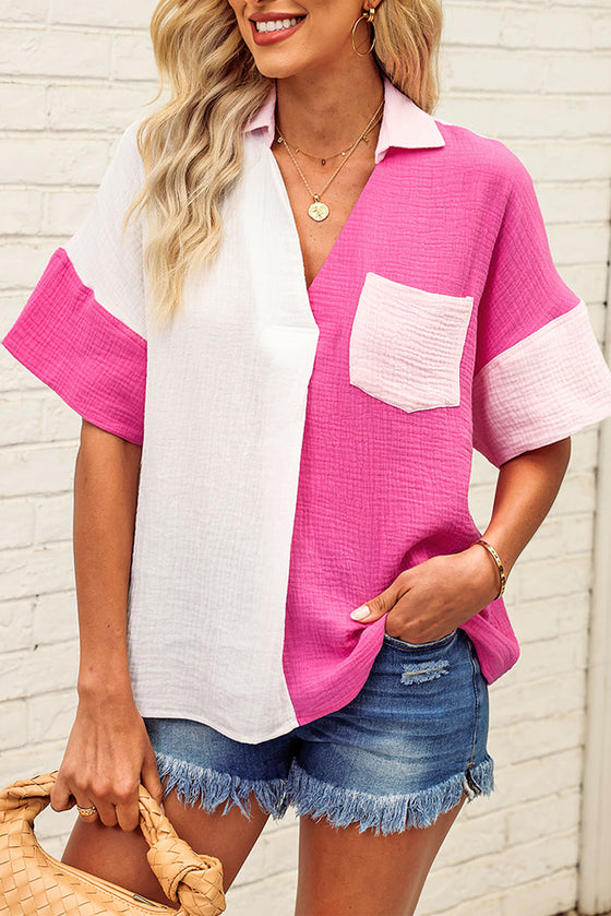 Hot Pink Color Block Short Sleeve Polo Blouse