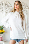 White Smocked Casual Textured Bishop Sleeve Blouse