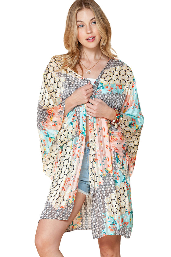 Multicolor Boho Floral Open Front Half Sleeve Kimono