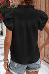 Black Basic Textured V Neck Tiered Ruffle Sleeve Blouse | Available in White