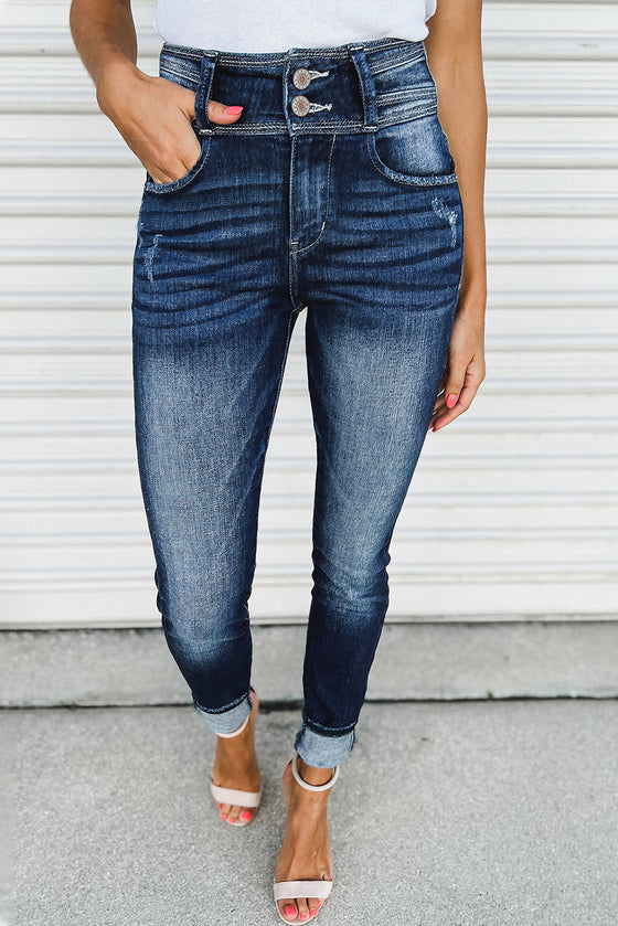 Dark Blue Vintage Washed High Waist Skinny Jeans