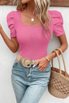 Black Scoop Neck Waffle Knit Puff Sleeve Top | Available in Pink