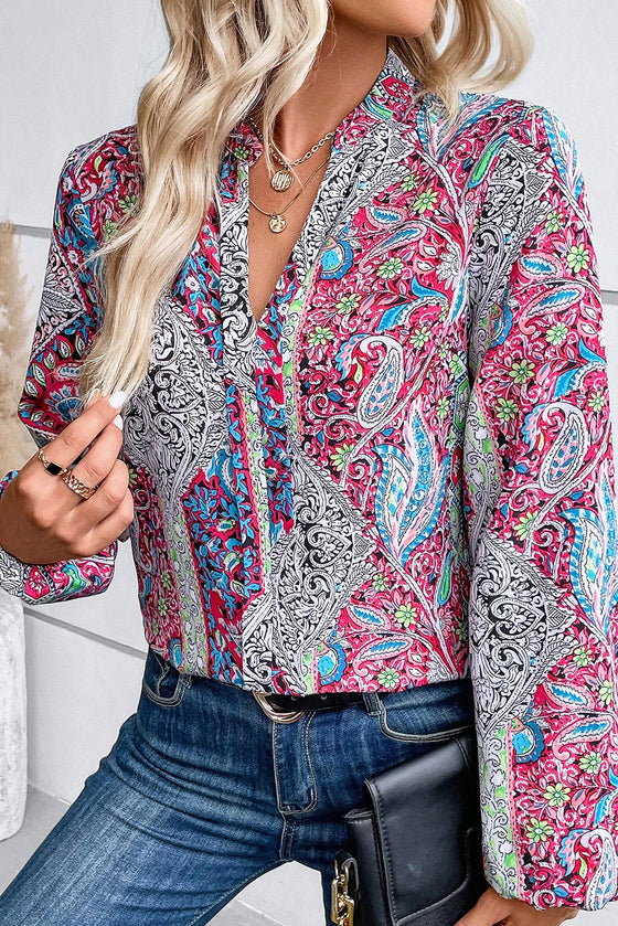 Pink Vintage Boho Paisley Print Notched Neck Blouse