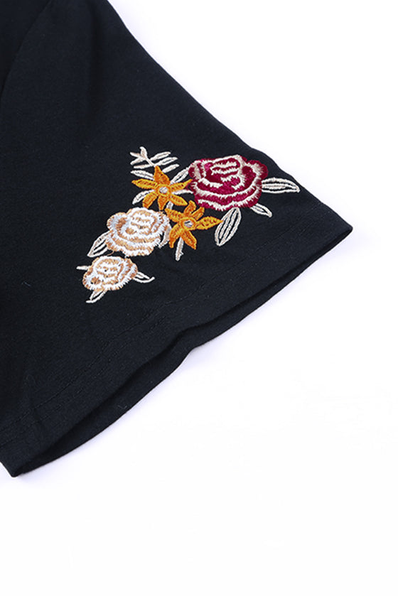 Black Casual Floral Embroidered T-Shirt