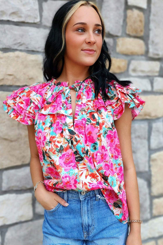 Pink Ruffle Sleeve Floral Print Blouse