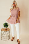 Pink Crinkled Short Sleeve Ruffle Blouse