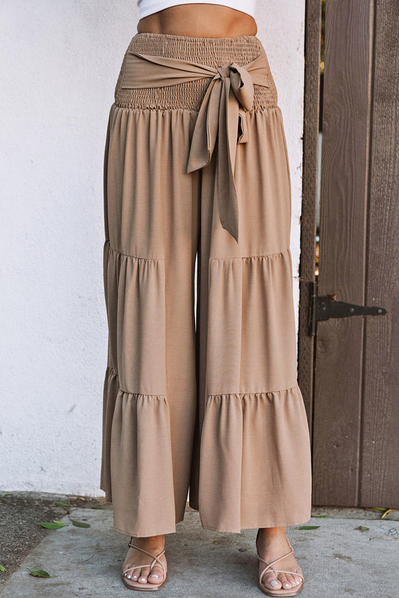 Khaki Lace Up Smocked Waist Tiered Wide Leg Pants