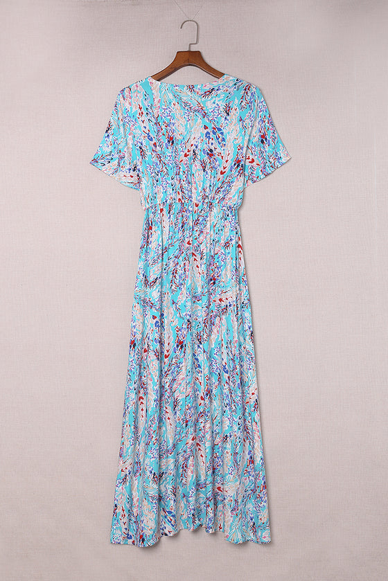 Abstract Print Wrap V Neck Flutter Sleeve Mid Length Summer Dress | Available in Blue