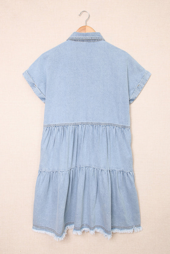 Blue Button Up Short Sleeve Denim Shirt Dress