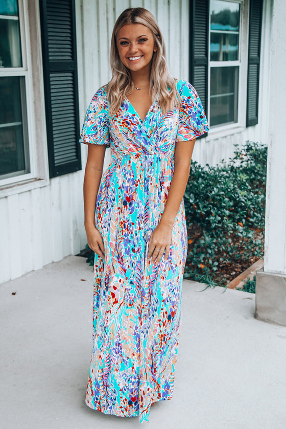 Abstract Print Wrap V Neck Flutter Sleeve Mid Length Summer Dress | Available in Blue