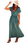 Green Wrap V Neck Belted Pleated Maxi Dress