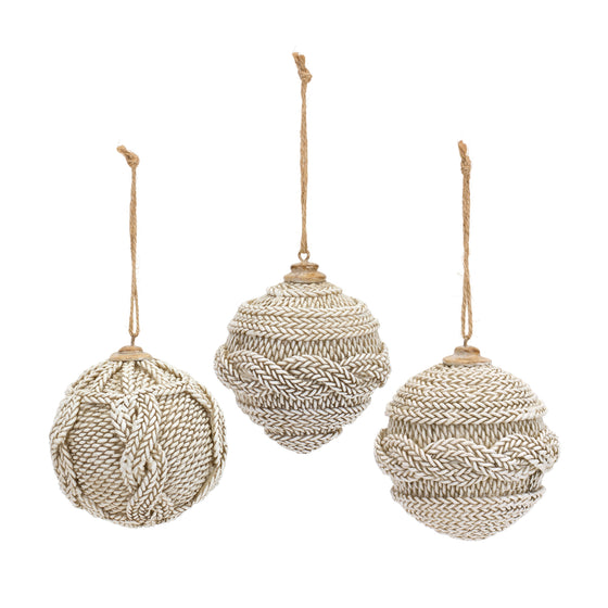 Set of 12 Cable Crochet Textured Christmas Ornaments in Champaine Color