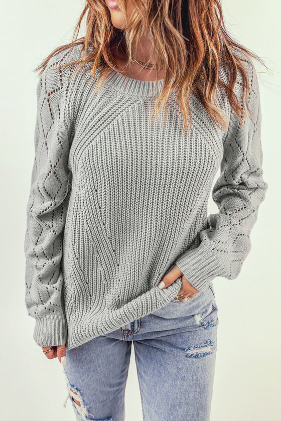 Pink Knit Hollow Out Long Sleeve Pullover Sweater