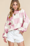 Pink Plaid Bishop Sleeve Pullover Sweater | Available in 3 Colors