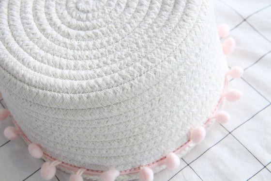 White Cotton Rope Storage Basket with Pom Pom Trim | Available in 4 Colors