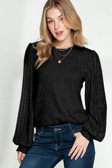  Black Contrast Ribbed Bishop Sleeve Top | Available in 3 Colors