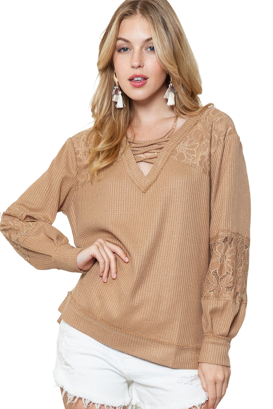 Pink Lace Waffle Knit Crisscross Straps V Neck Long Sleeve Top |Available in 2 Colors