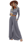 Black Plain Ribbed Crop Top & Wide Leg Pants Two Piece Pants Set | 3 Colors Available