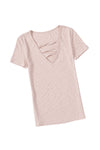 Blush Pink Ribbed Cut Out V Neck T Shirt | Available in Black