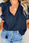 Navy Blue V Neck Flutter Shoulder Textured Blouse | Available in 2 Colors