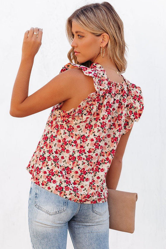 Red Floral Sleeveless Shirt