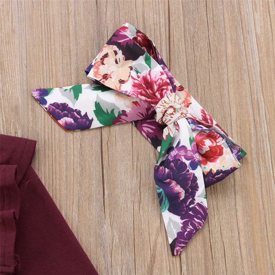 Maroon Baby Onesie and Floral Skirt with Headband | Available in Several Sizes