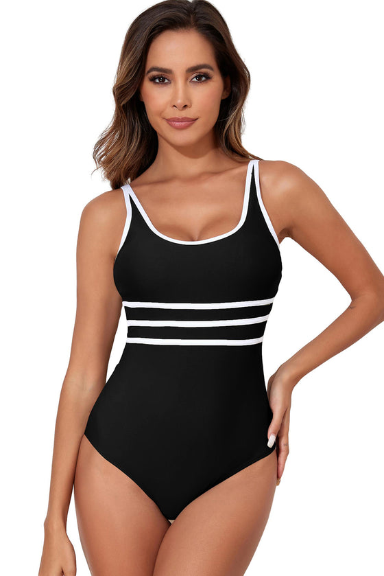 Black Contrast Trim U Neck Adjustable Strap One-Piece Swimwear