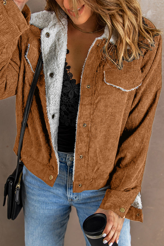 Brown Casual Sherpa Lining Corduroy Jacket