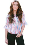 White Striped Abstract Print Ruffle Half Sleeve Blouse