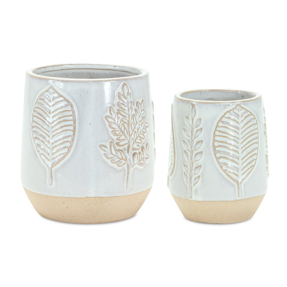 Leaf Decorated Porcelain Pot Set in White