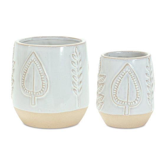 Leaf Decorated Porcelain Pot Set in White