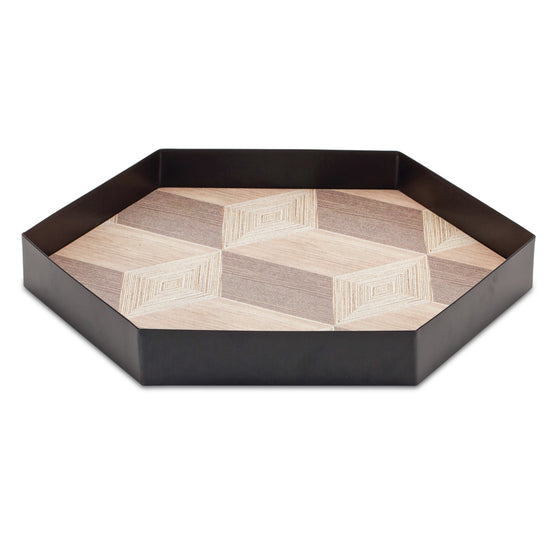 Set of Three Black Hexagon Trays with Natural Wood Inlay Style