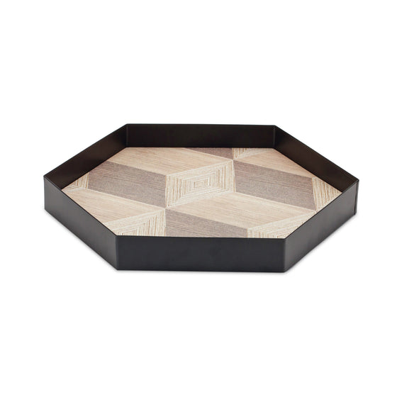 Set of Three Black Hexagon Trays with Natural Wood Inlay Style