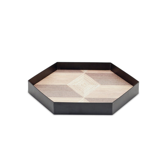 Set of Three Black Hexagon Trays with Natural Wood Inlay Style