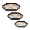 Set of Three Black Hexagon Trays with Natural Wood Inlay Style