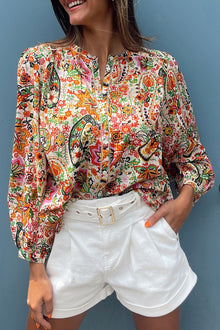  Multicolor Boho Floral Print Puff Sleeve Shirt