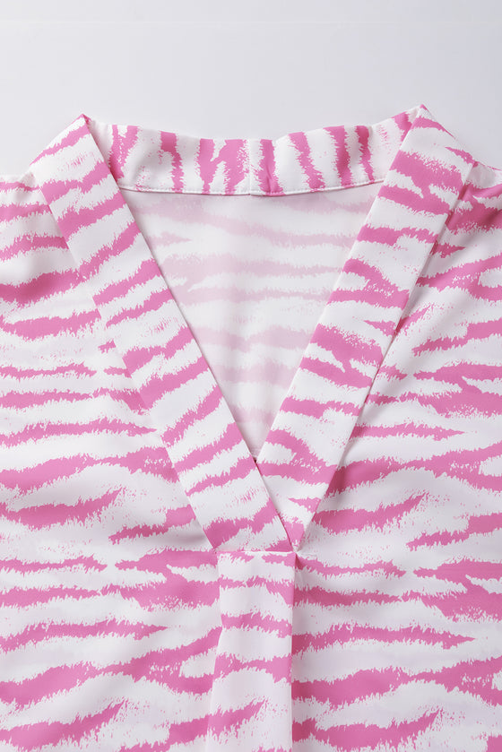 Pink Zebra Print V-Neck Roll Up Sleeve Blouse | Available in Black