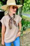 Oatmeal Solid Color Short Sleeve Zip Back Blouse