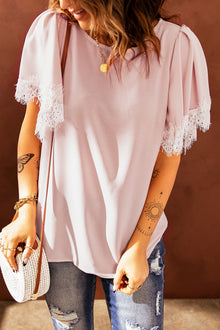  Pastel Pink Lace Trim Flutter Sleeve Blouse for Women