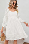 White Jacquard Square Neck Bubble Sleeve Dress