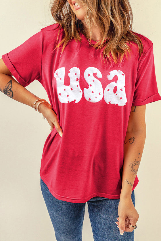 Red Casual USA Stars Graphic T-Shirt