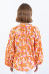 Orange Floral Print Loose Long Sleeve Blouse