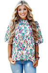 Light Blue Abstract Print Puff Sleeve Mock Neck Blouse