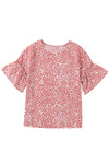 Pink Leopard Print Casual Flounce Sleeve Blouse for Women