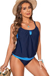 Dark Blue Patchwork Spaghetti Strap Tankini Set